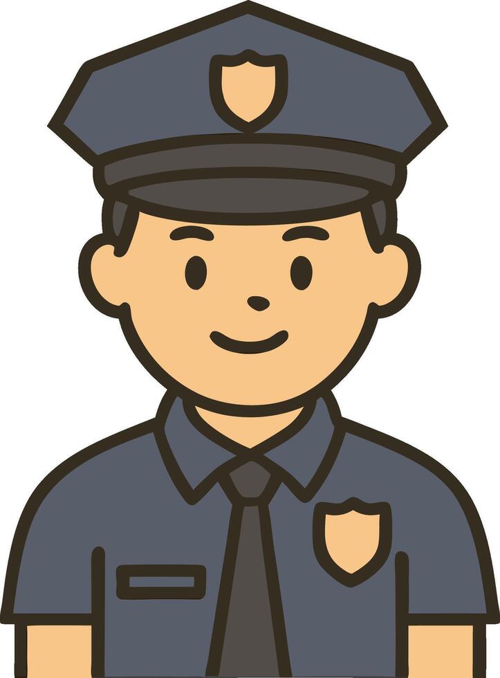 Flat icon of a male police officer in blue uniform with badge, standing confidently. Minimalist cartoon design on transparent background vector