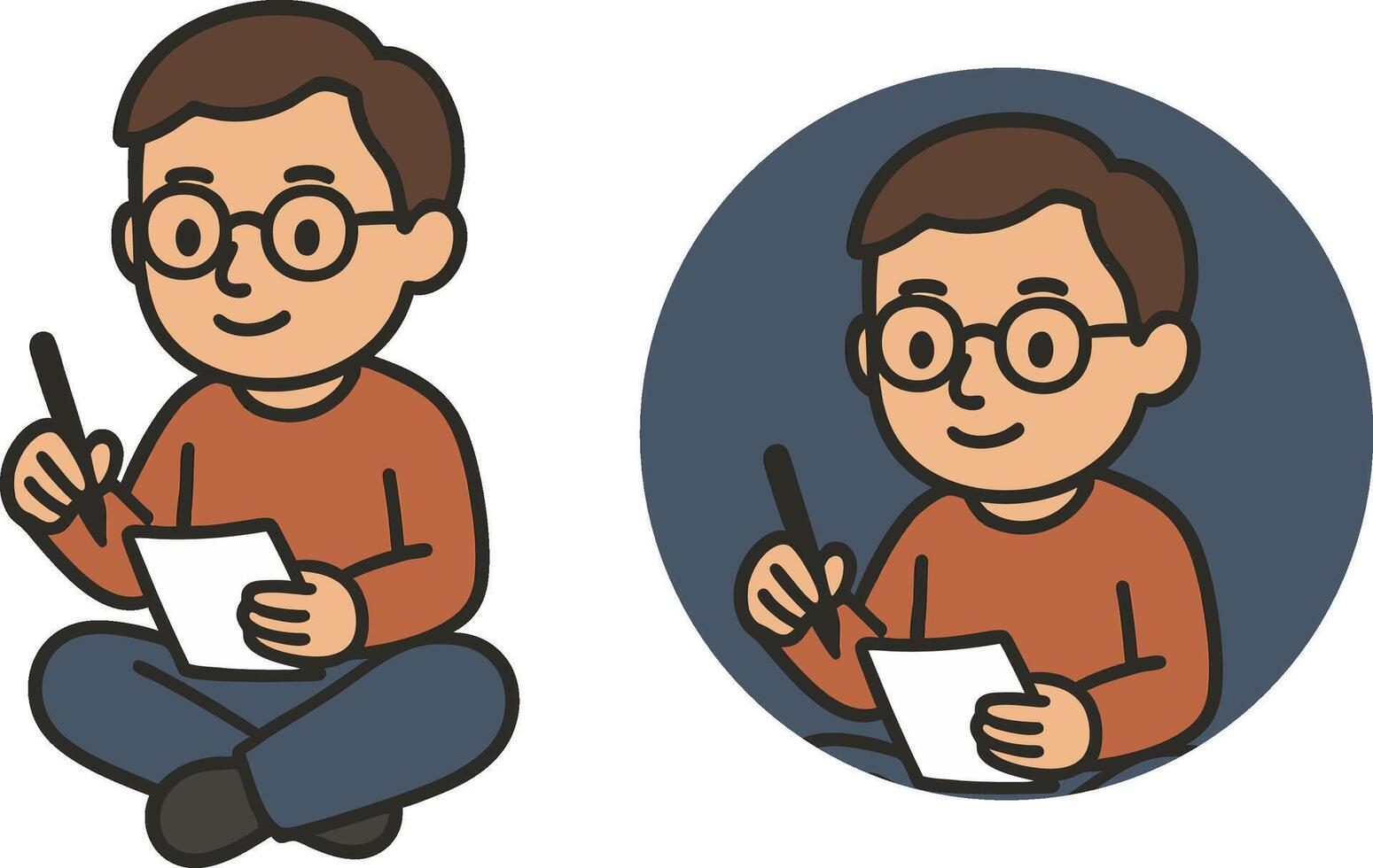 Flat icon of a writer sitting with a notebook and pen, wearing glasses. Simple cartoon flat style on transparent background vector