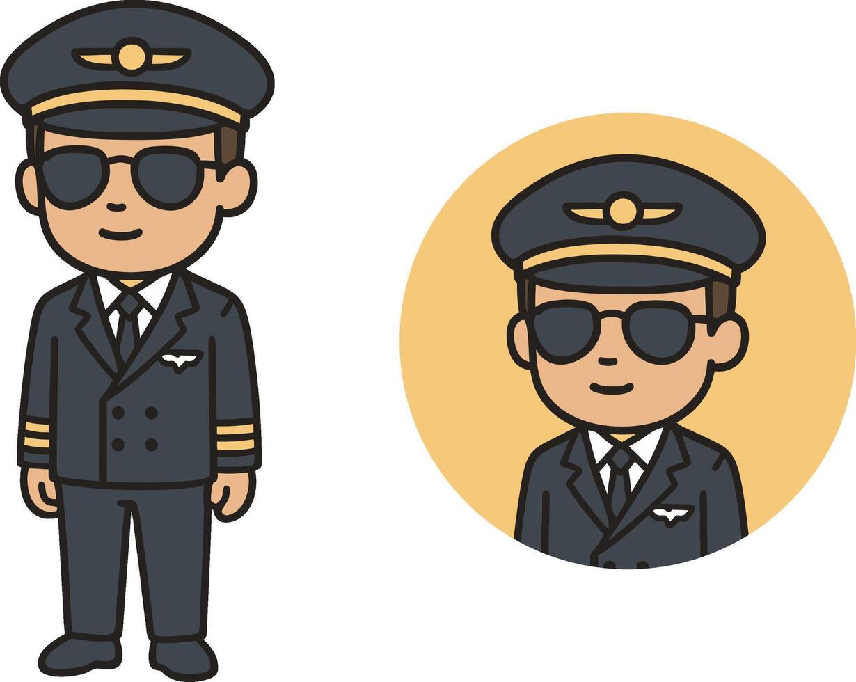 Flat icon of a male airplane pilot wearing uniform, cap, and sunglasses. Minimal cartoon style with transparent background vector