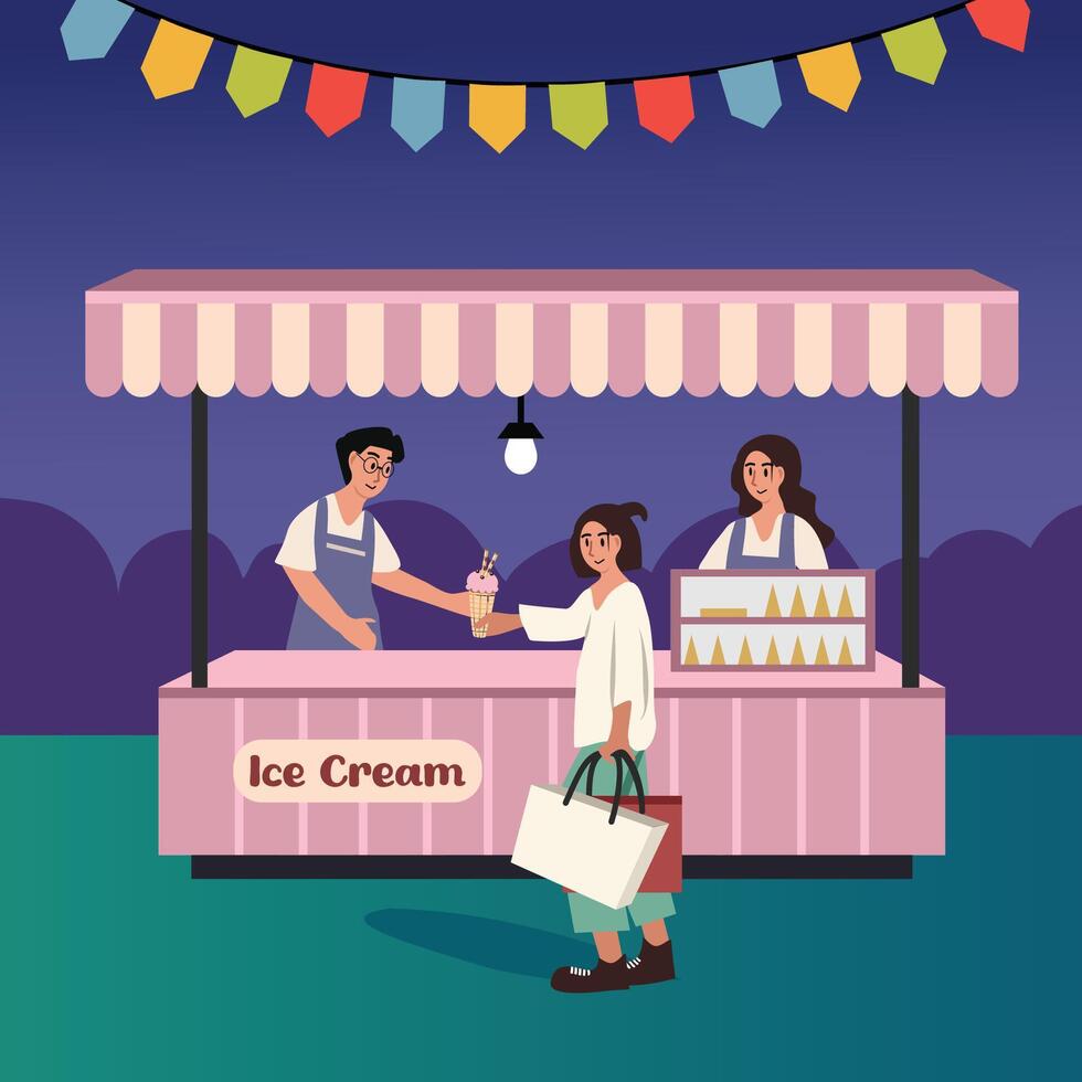 People buy ice cream at night market. Girl buy ice cream at the food festive. Street food. Ice cream stall. Ice cone stand. vector