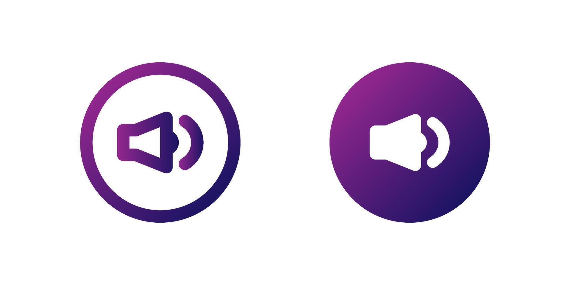 Volume Speaker Icon Set. A purple gradient icon of a speaker with sound waves, indicating volume control in media players. vector