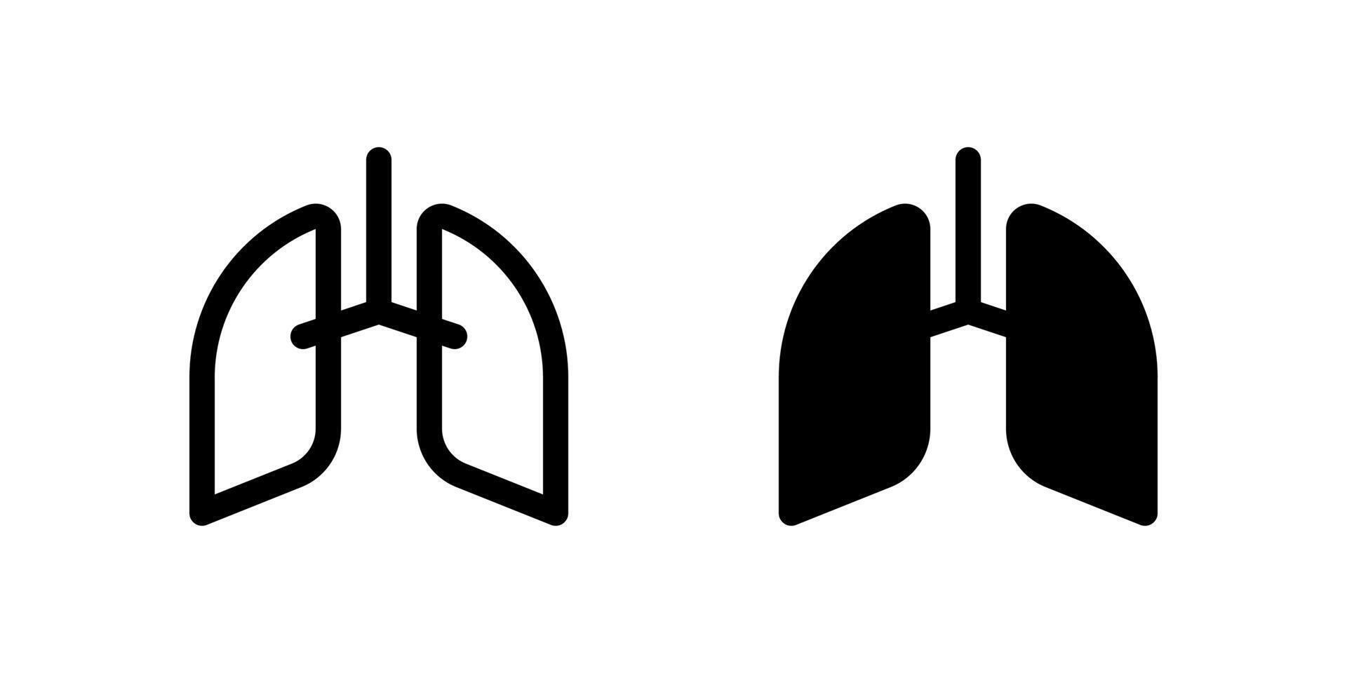 Lung Icon Set. A black glyph and outline icon of lungs, representing respiratory health. vector