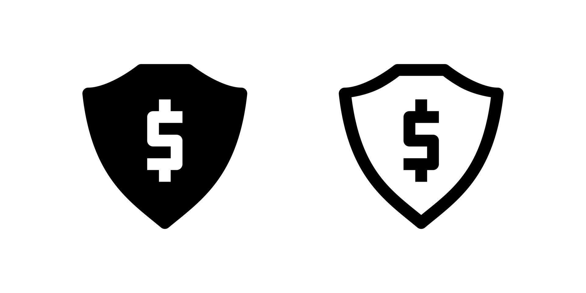 Two black line icons with a shield, one protecting a payment card and the other protecting a dollar sign. Represents payment security, financial protection, or secure transactions. vector