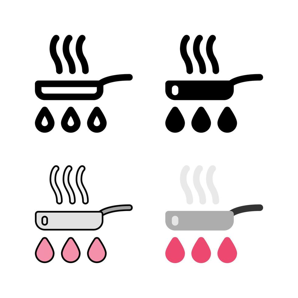 A frying pan with food icon set, ideal for representing various cooking methods, frying, and meal preparation. vector