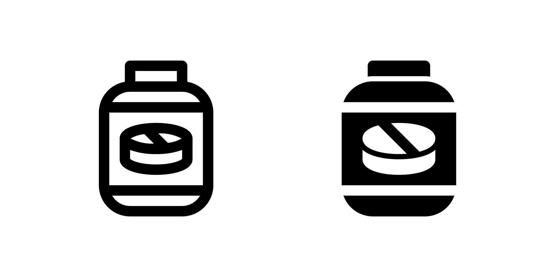 Pills Bottle Icon Set. A black glyph and outline icon of a pill bottle, representing medicine storage. vector