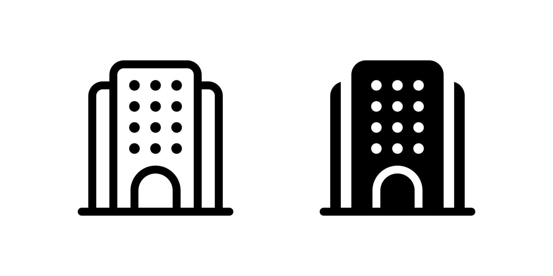 Hotel Building Icon Set. A black icon of a hotel building, representing lodging or hospitality services. vector