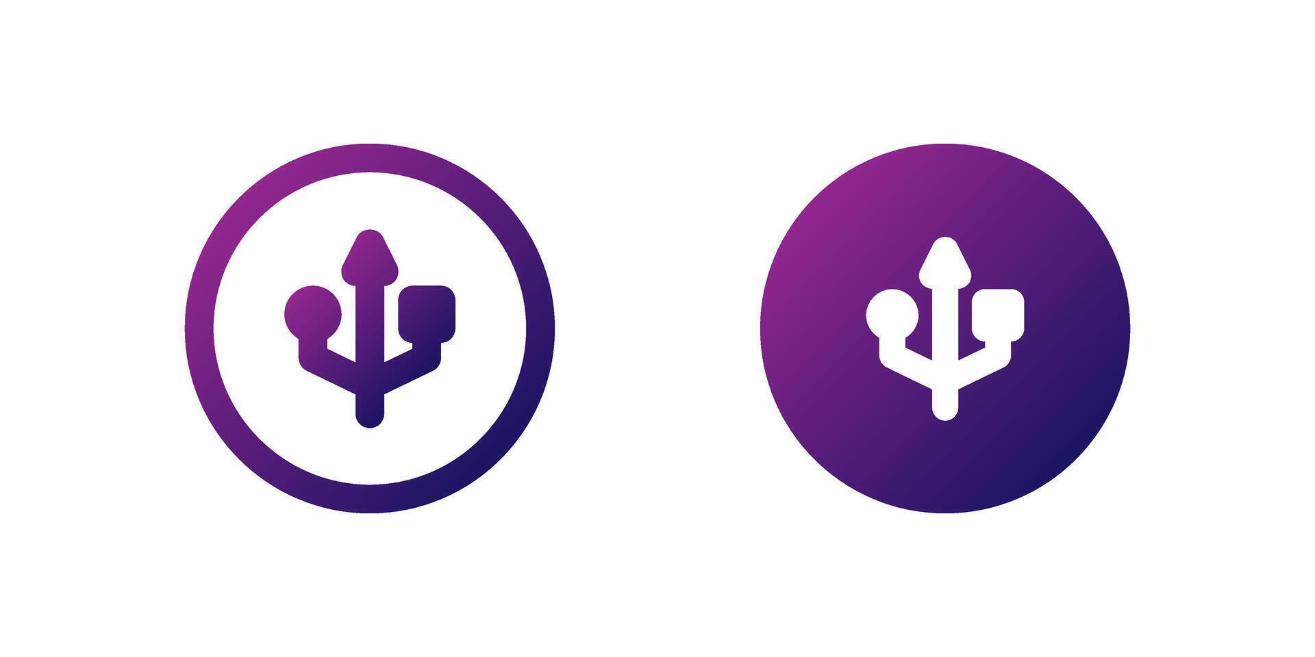 USB Symbol Icon Set. A purple gradient icon of a USB symbol, commonly used in interfaces for connectivity or data transfer. vector