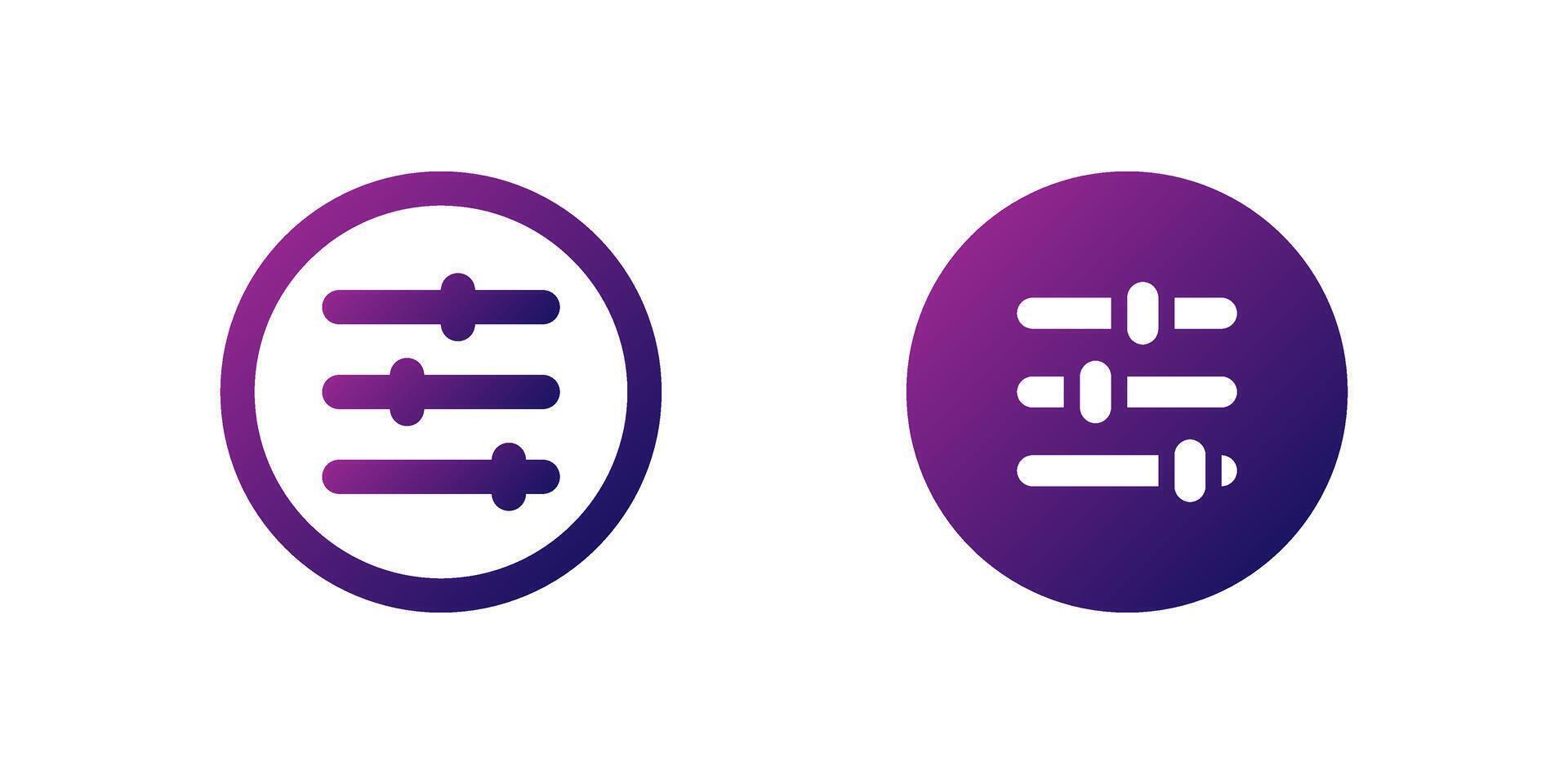 Adjust Slider Icon Set. A purple gradient icon of a horizontal slider with adjustment markers, ideal for media players or settings interfaces. vector