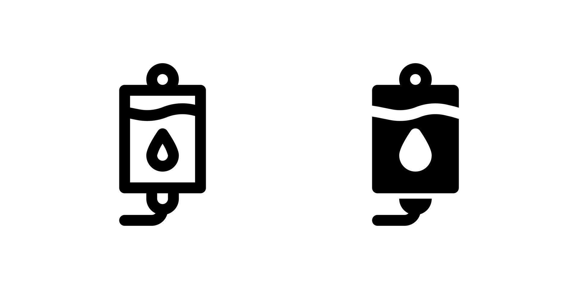 Blood Transfusion Icon Set. A black glyph and outline icon of a blood bag, representing medical transfusion. vector