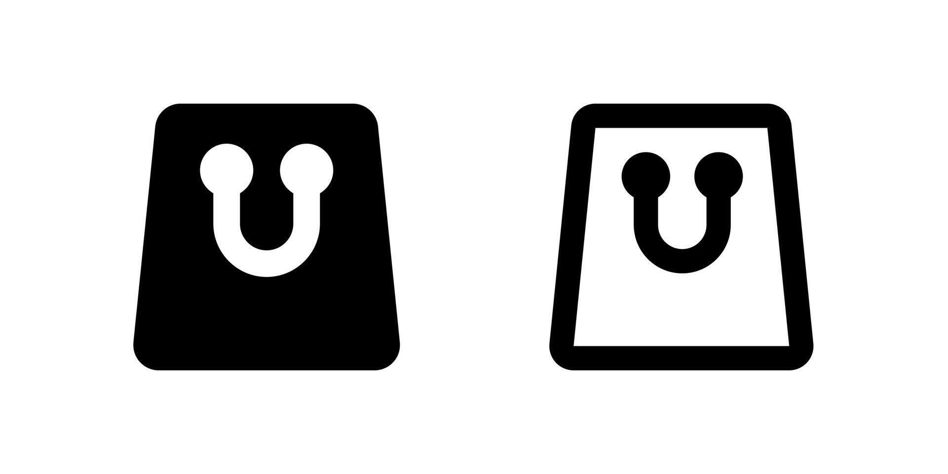 Shop Bag Icon Set. A black glyph and outline icon of a shopping bag, indicating purchases. vector