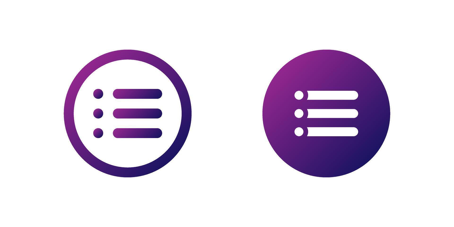 Hamburger Menu Icon Set. A purple gradient icon with three horizontal lines, known as a hamburger menu for navigation. vector