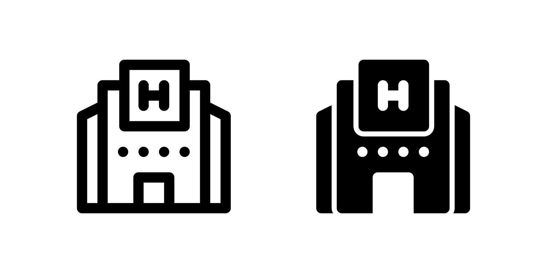 Hospital Icon Set. A black glyph and outline icon of a hospital building, representing healthcare services. vector