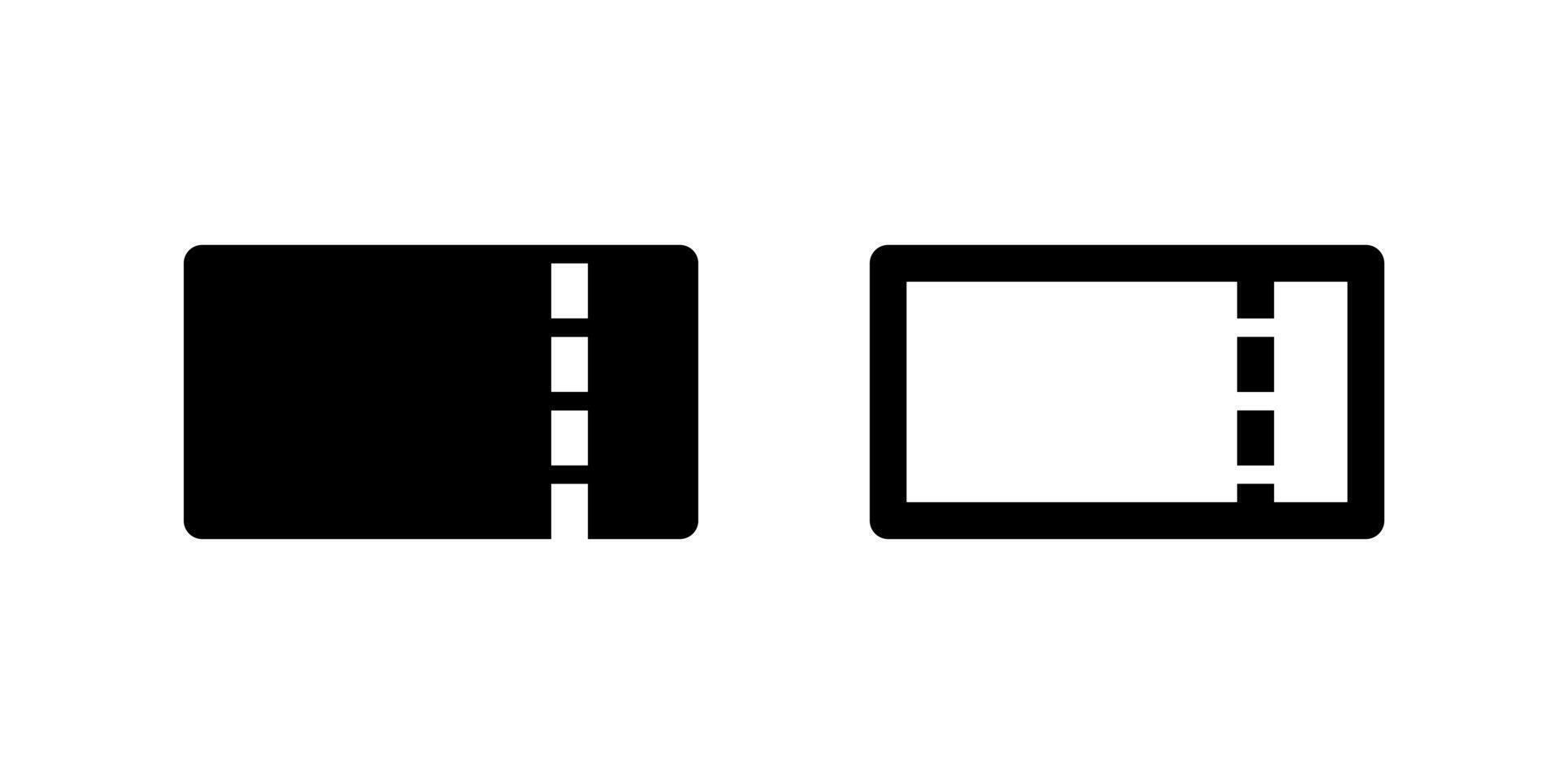 Two black line icons of event tickets. Represents events, entry, admissions, booking, or entertainment. Suitable for ticketing platforms, event management, or travel apps. vector