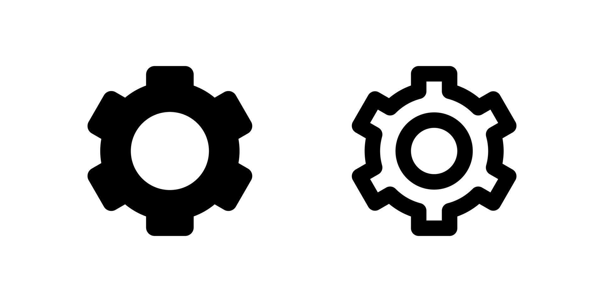 Settings Icon Set. A black glyph and outline icon of a gear, representing settings or configuration. vector