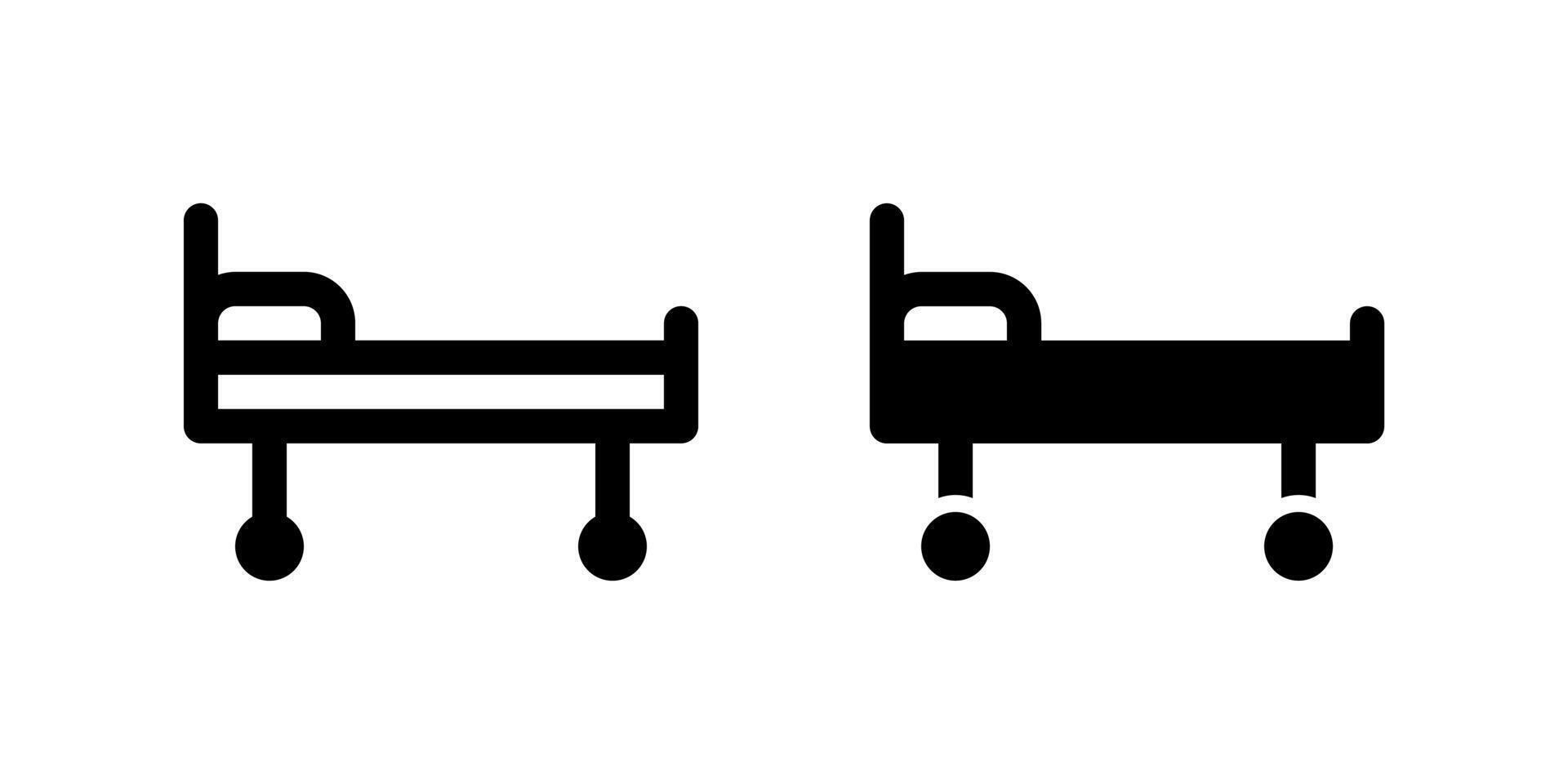 Hospital Bed Icon Set. A black glyph and outline icon of a hospital bed, representing patient care. vector