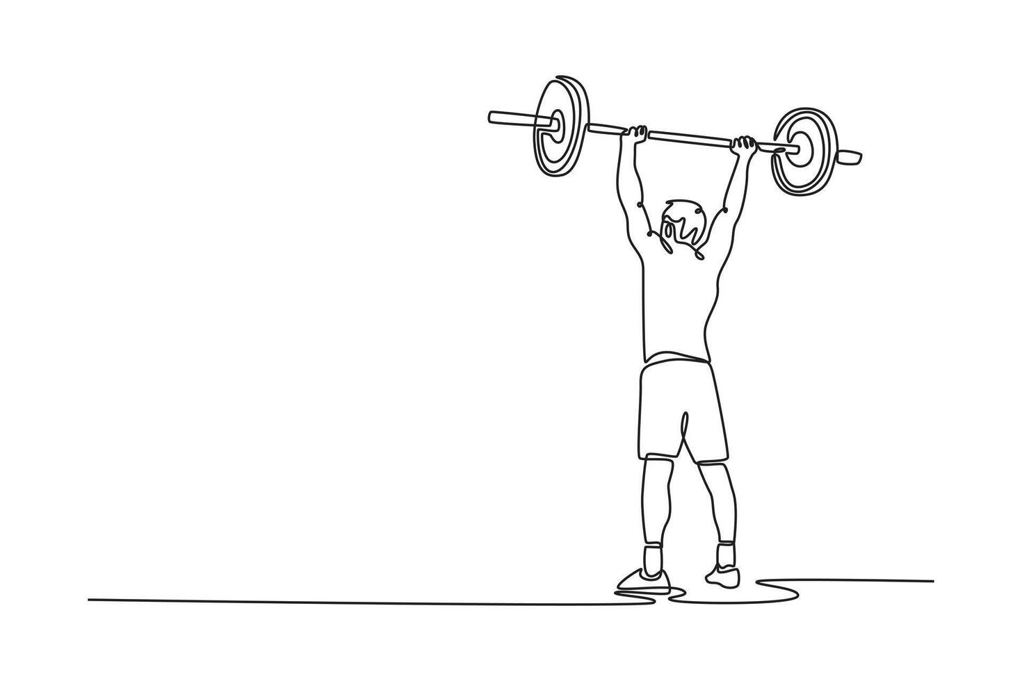 Continuous one line drawing back view fit young man doing heavy weight exercise in health club. Sportsman lifting barbells over his head in the gym. Single line draw design graphic illustration vector