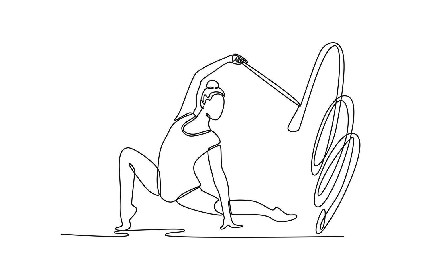 Continuous one line drawing young girl rhythmic gymnast practice with ribbon. Female movement, flexible dancing athlete. Action sports competition. Single line draw design graphic illustration vector