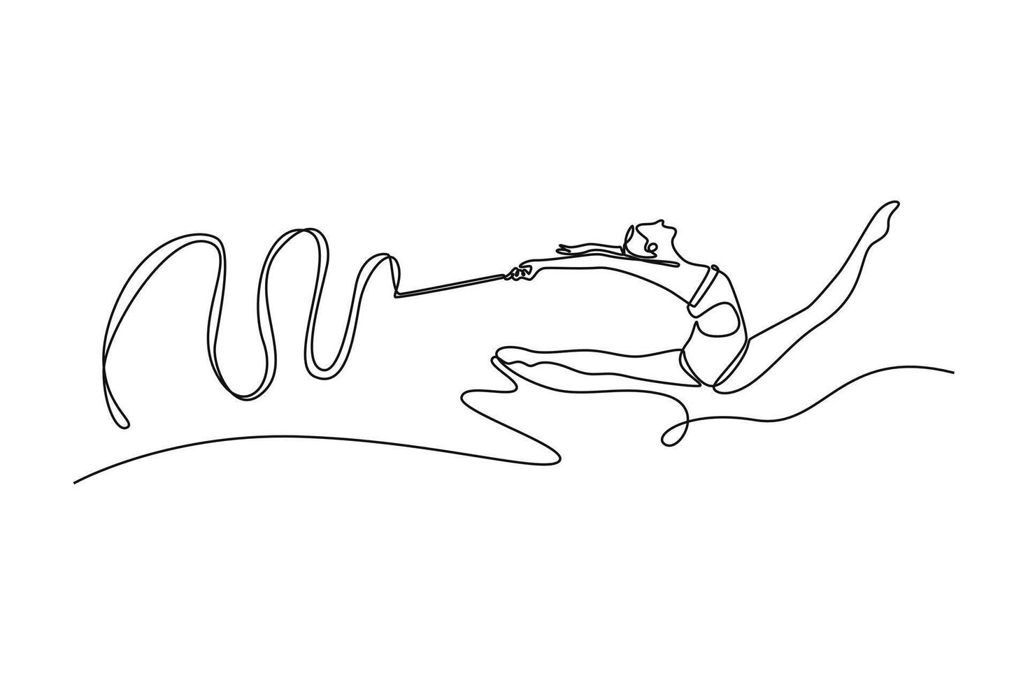Single continuous line drawing beautiful girl, female rhythmic gymnast training with ribbon. Concept of action, motion, sport, motivation, competition. One line draw graphic design illustration vector