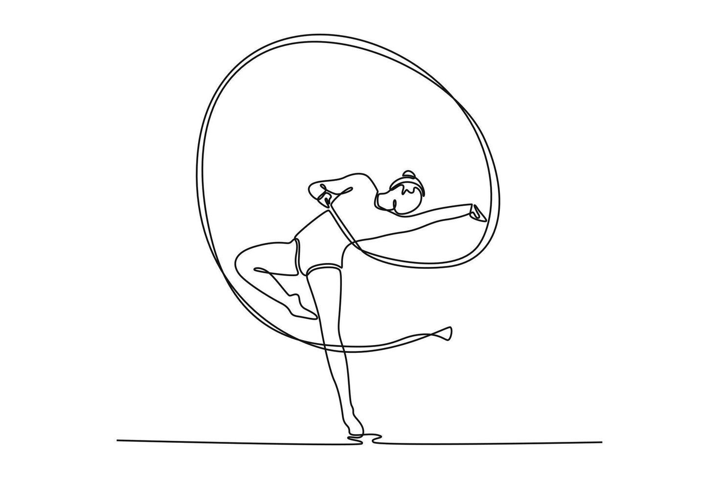 Single continuous line drawing young female rhythmic gymnastics artist in sportswear training with ribbon. Grace in motion, action and sport. Dynamic one line draw graphic design illustration vector