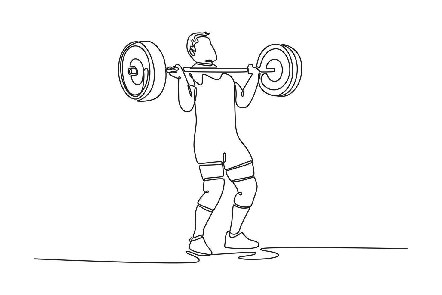 Single one line drawing male weightlifter holding barbell on chest, preparing to lift overhead or do front squat. Muscular man lifting weight. Continuous line draw design graphic illustration vector