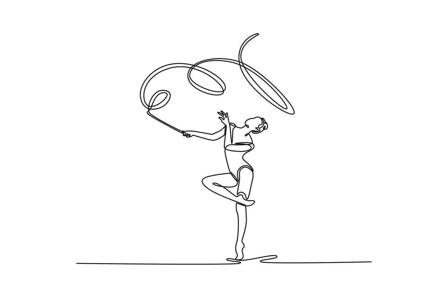 Single one line drawing young beautiful sportive girl, female rhythmic gymnast training with ribbon. Action, motion, sport, competition. Modern continuous line draw design graphic illustration vector