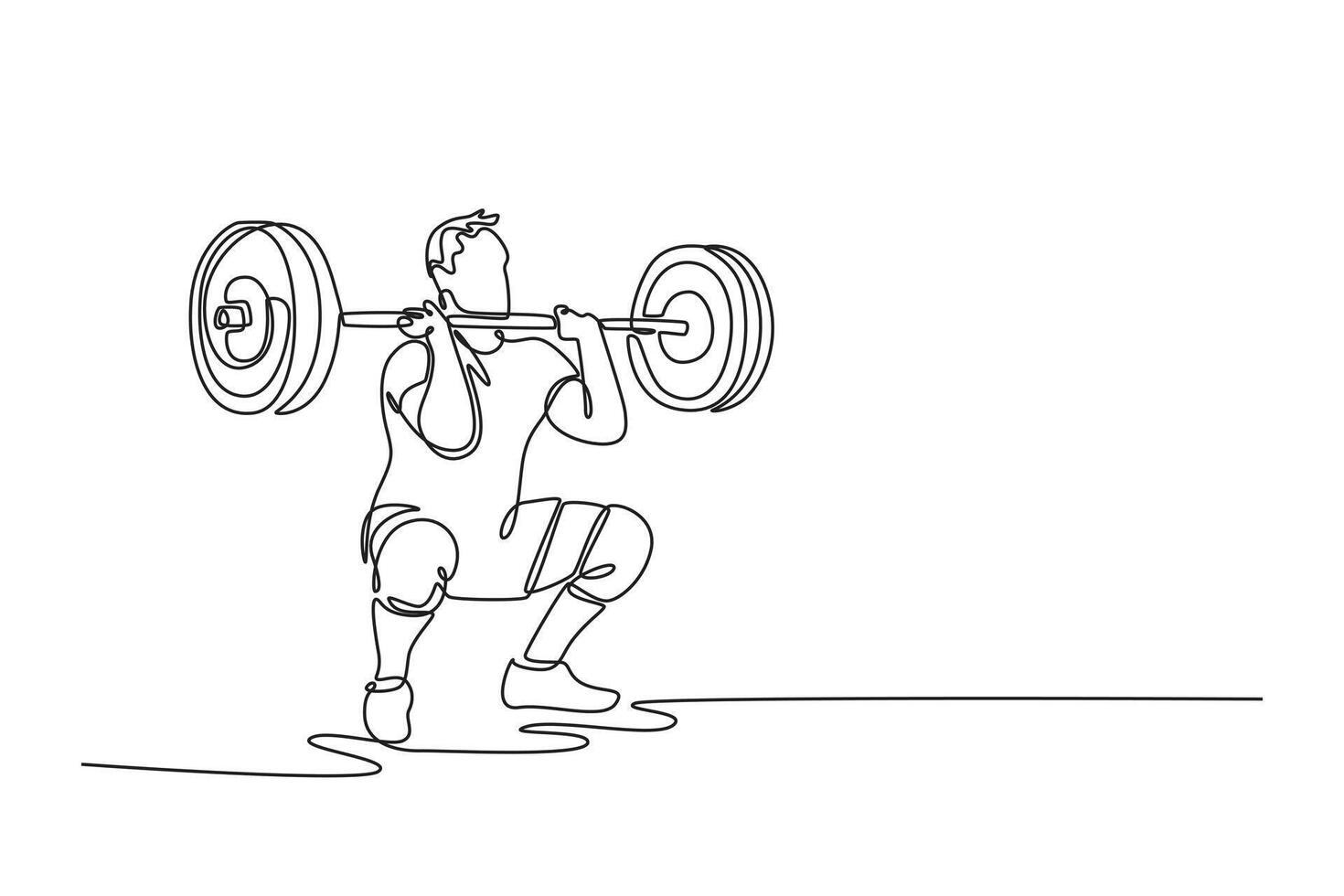 Single one line drawing attractive muscular man doing front barbell squat in fitness gym. Sports, strength, power, endurance, weightlifting concept. Continuous line design graphic illustration vector