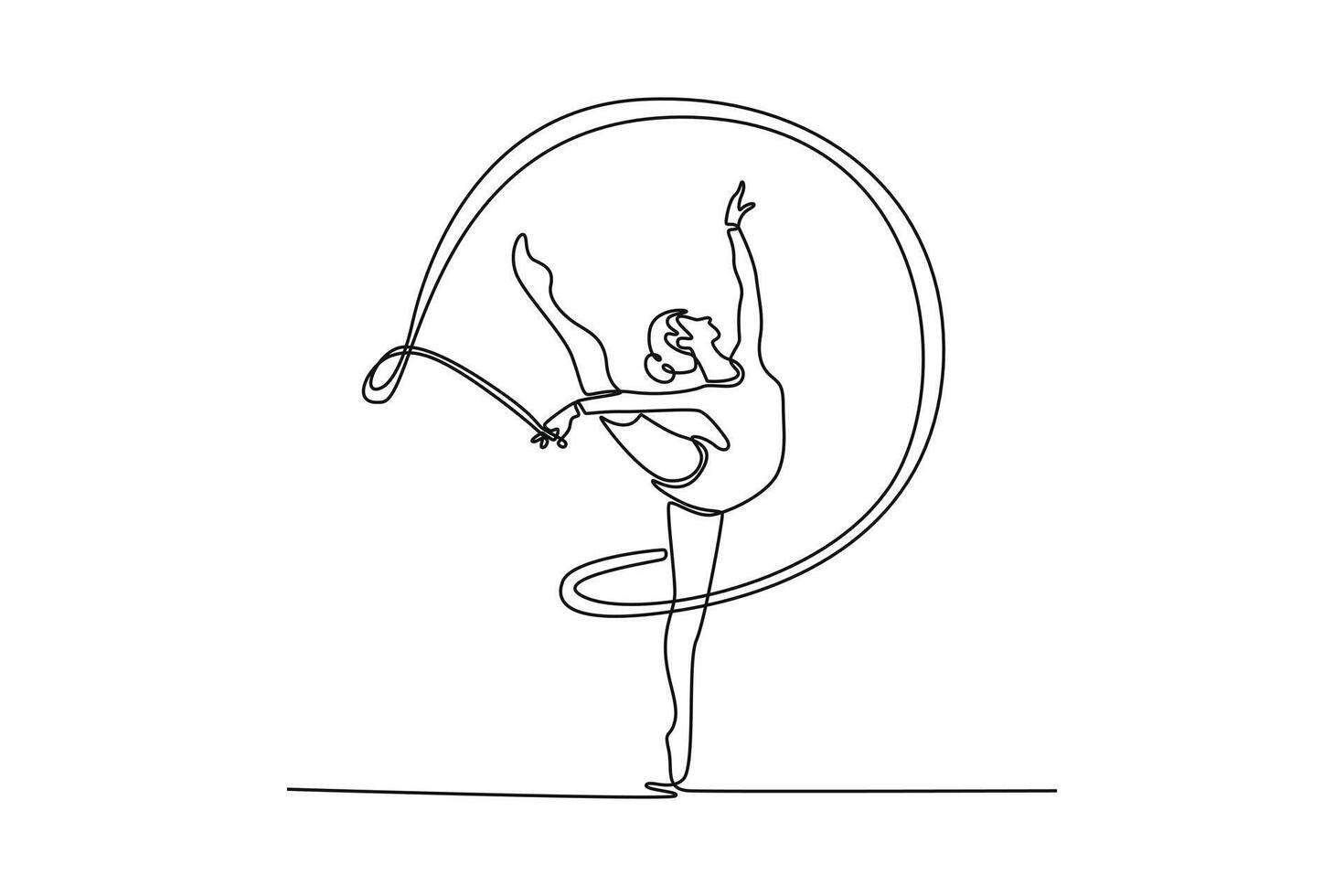 Single continuous line drawing girl gymnast trains with a gymnastics tape in professional arena. Beauty, art, sport, competition, and hobbies. Dynamic one line draw graphic design illustration vector