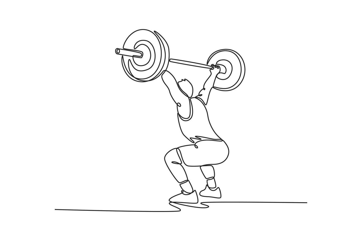 Continuous one line drawing fit male athlete in overhead squat position after snatching up barbell. Training for workout, endurance and challenge. Single line draw design graphic illustration vector