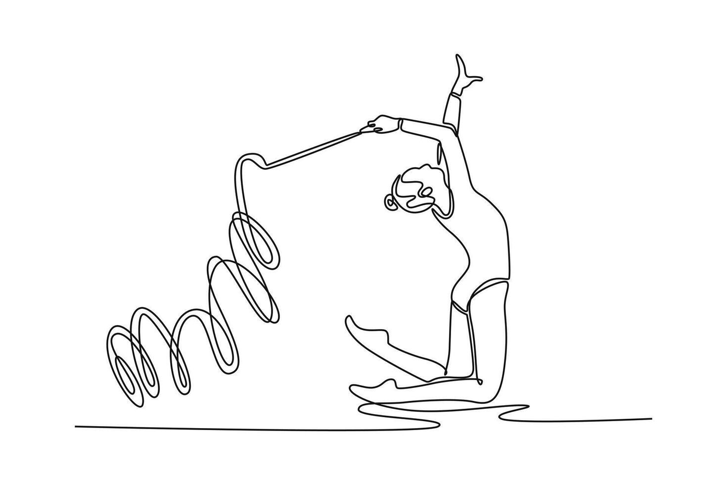 Single one line drawing rhythmic gymnastics, woman in gym and ribbon with balance, action with performance and fitness. Competition, tournament. Continuous line draw design graphic illustration vector