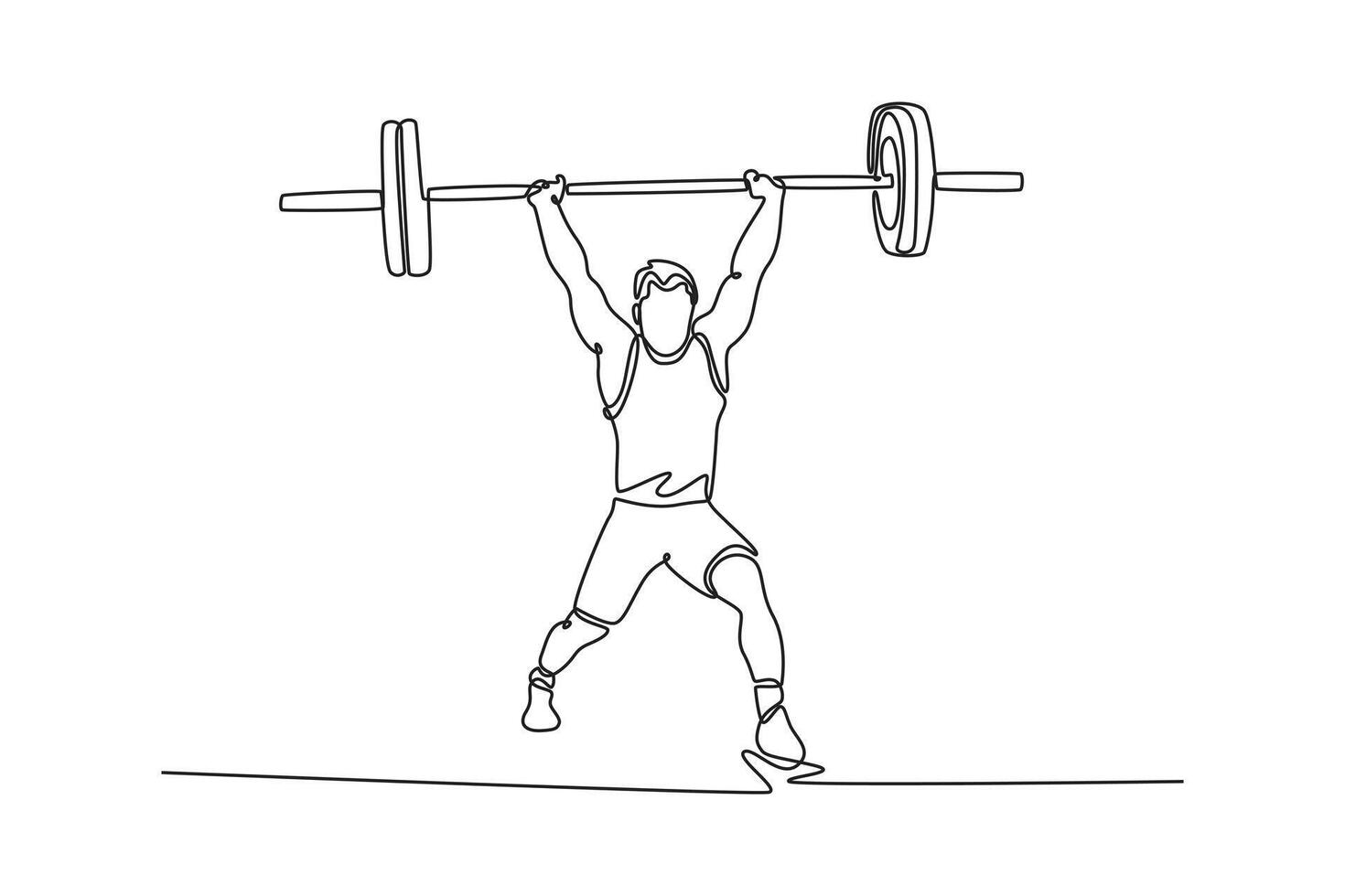 Continuous one line drawing muscular fitness man doing clean and jerk barbell over his head in gym. Functional weightlifting training. Snatch exercise. Single line design graphic illustration vector