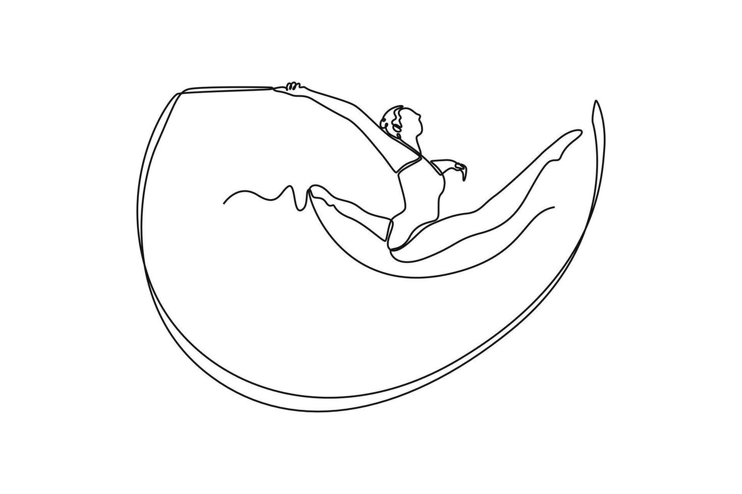 Continuous one line drawing graceful female gymnast in mid air, performing split leap with ribbon. Elegance and precision in captivating rhythmic gymnastic. Single line draw design illustration vector