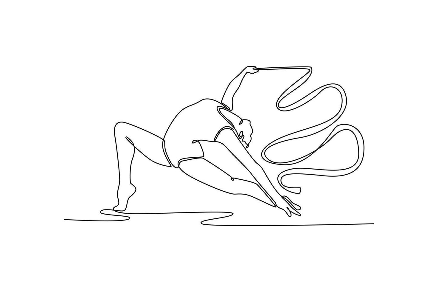 Continuous one line drawing female gymnast gracefully maneuvering ribbon, her artistic flair and precision in an enthralling gymnastics performance. Single line draw design graphic illustration vector