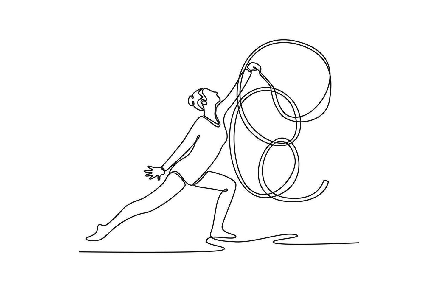 Continuous one line drawing rhythmic gymnast girl training with ribbon in the gym. Grace in motion, action, sport. Exercises for healthy lifestyle. Single line draw design graphic illustration vector