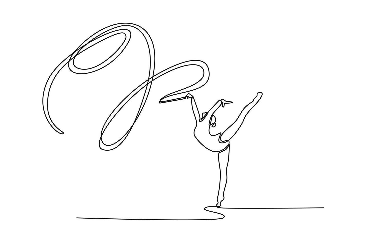 Single continuous line drawing woman exercising rhythmic gymnastics with ribbon. Female gymnast elegantly twirls ribbon, her precision, grace, and artistry. One line graphic design illustration vector