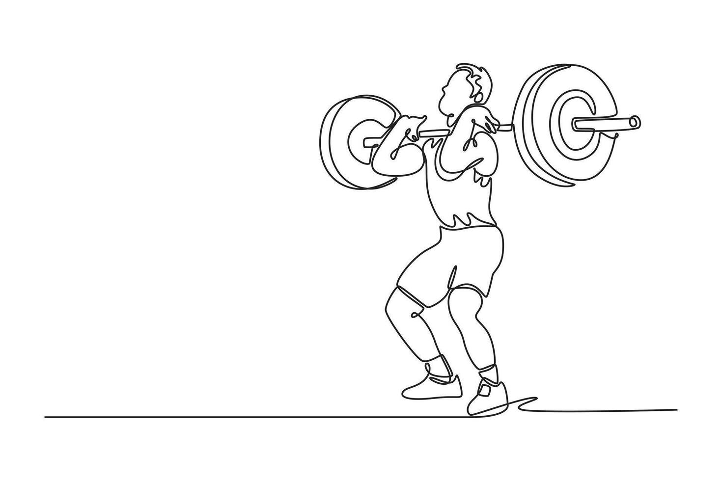 Single continuous line drawing sportsman practicing in weightlifting in gym. Sportive male training with barbell, looks confident and strong. Dynamic one line draw graphic design illustration vector