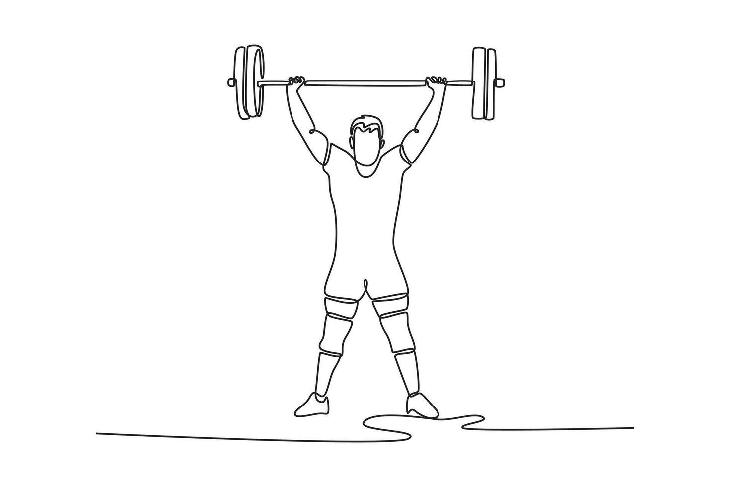 Single one line drawing strong young man lifting barbells at gym. Fit bodybuilder doing barbell weight lifting training workout with heavy bar. Continuous line draw design graphic illustration vector