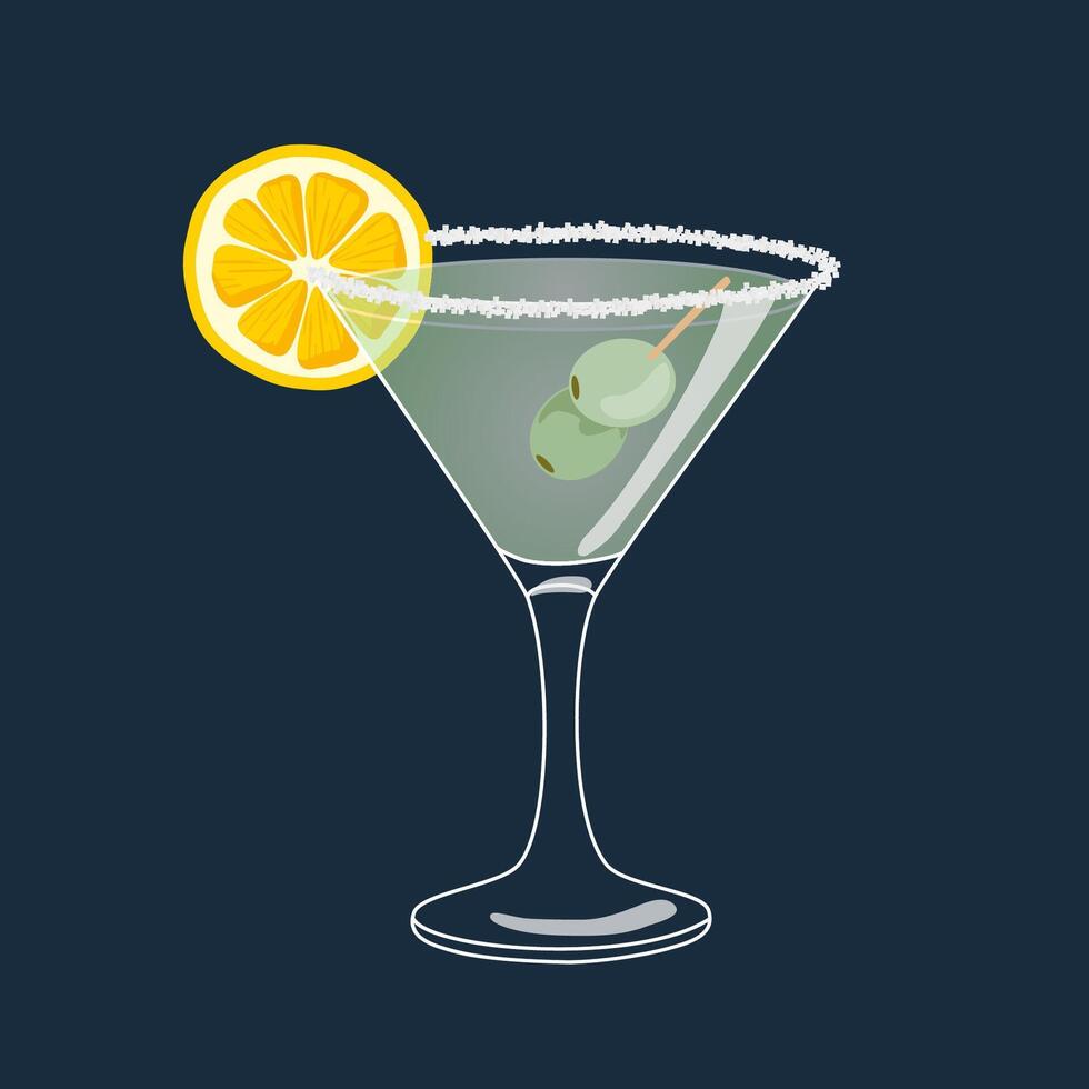 Classic hand drawn cocktail with lemon and olive garnish and salt on the glass rim vector
