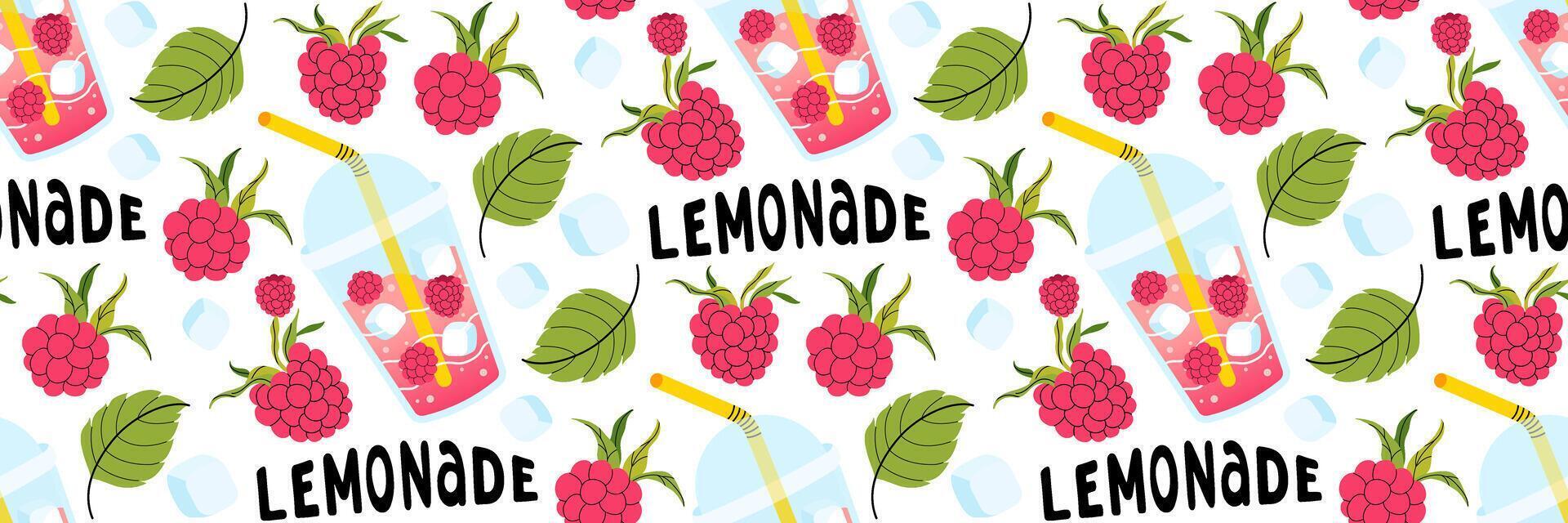 Fresh raspberry lemonade seamless pattern on white background. Bright summer background for cafe menus. Take away summer drink. Berries, leaves, ice cubes. Food and drinks. flat illustration. vector