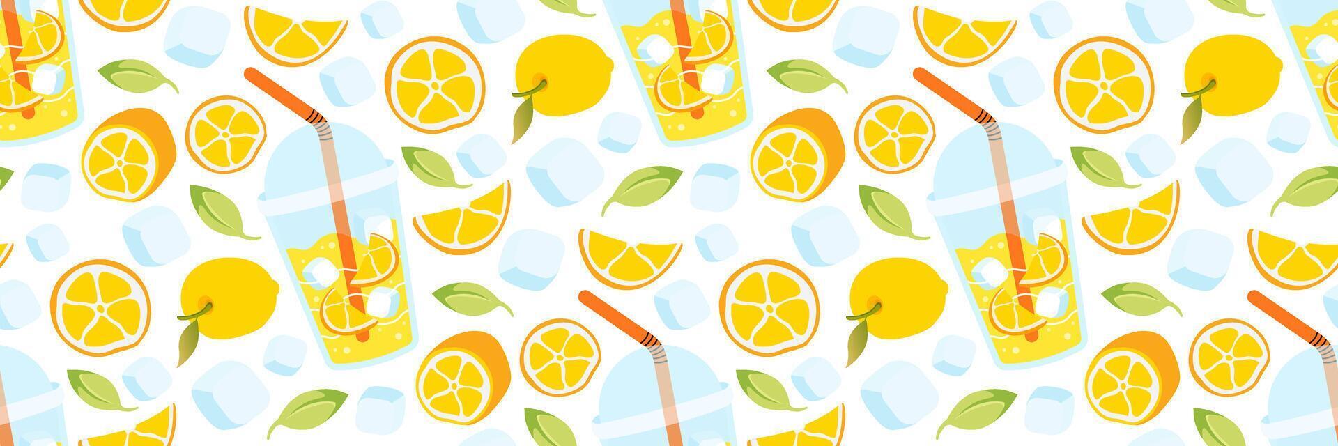 Fresh lemons lemonade seamless pattern. Bright summer background for restaurants, cafe menus. Take away summer drink. Citrus, leaves, ice cubes. Food and drinks. flat illustration. vector