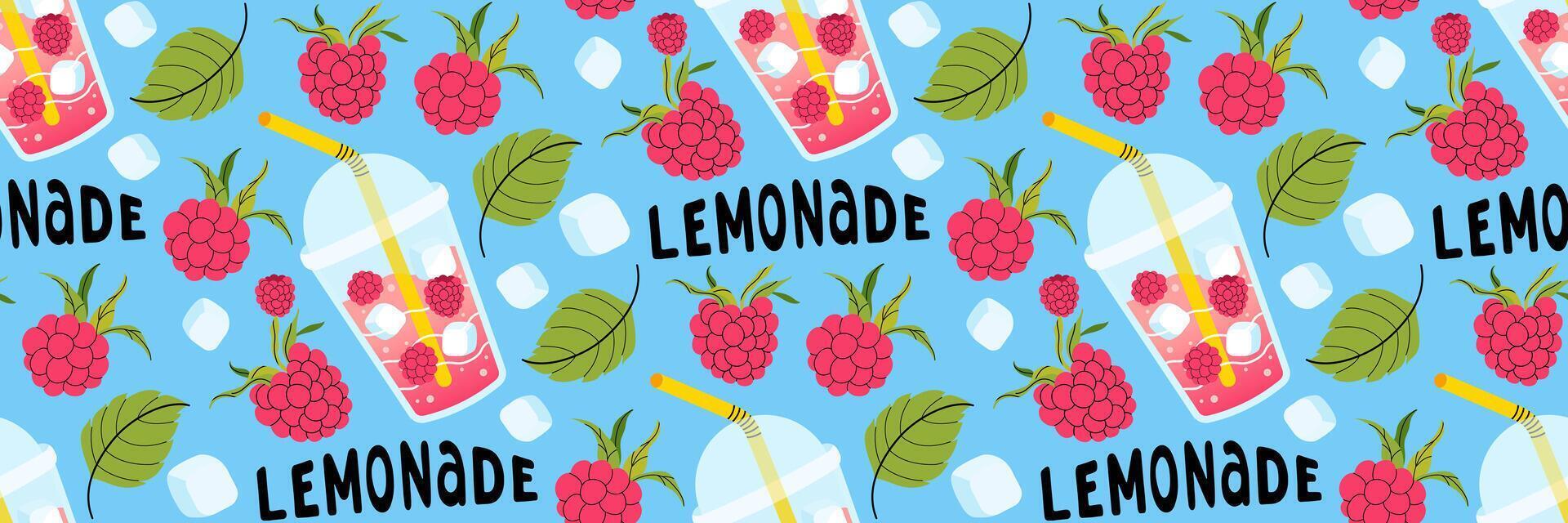 Fresh raspberry lemonade seamless pattern on blue background. Bright summer background for cafe menus. Take away summer drink. Berries, leaves, ice cubes. Food and drinks. flat illustration. vector