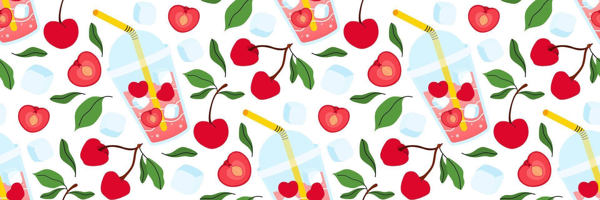 Seamless pattern with fresh cherries lemonade on white background. Summer background for cafe menus. Take away summer drink. Berries, leaves, ice cubes. Food and drinks. flat illustration. vector