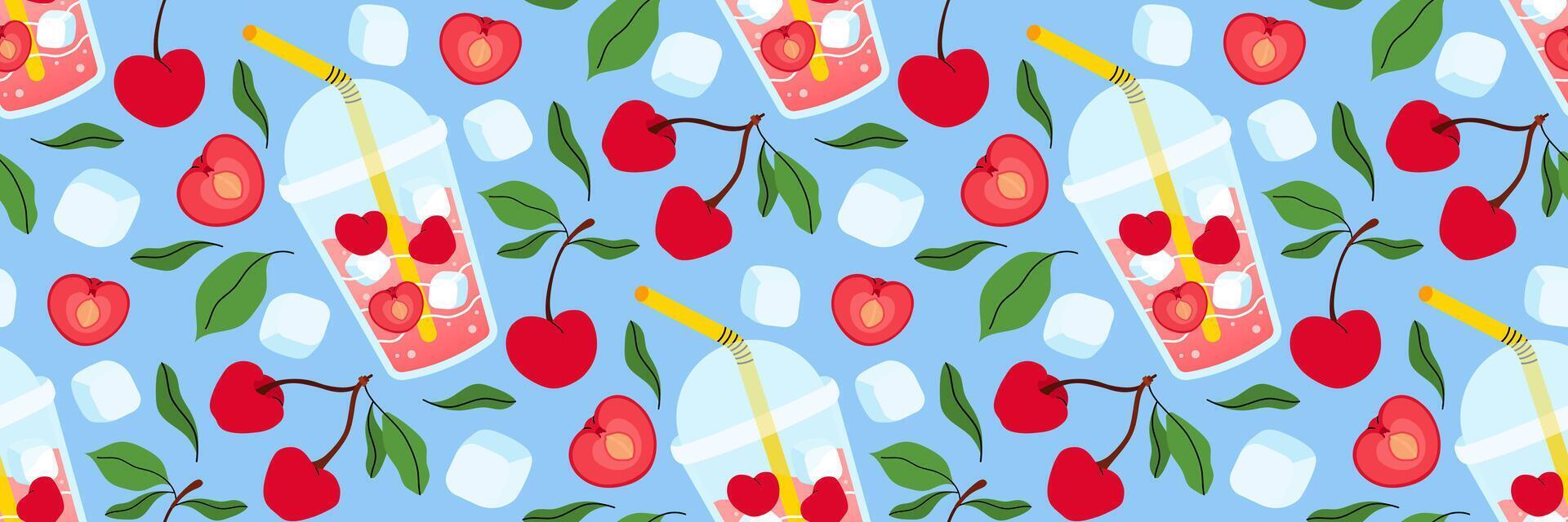 Fresh cherries lemonade seamless pattern on blue background. Bright summer background for cafe menus. Take away summer drink. Berries, leaves, ice cubes. Food and drinks. flat illustration. vector