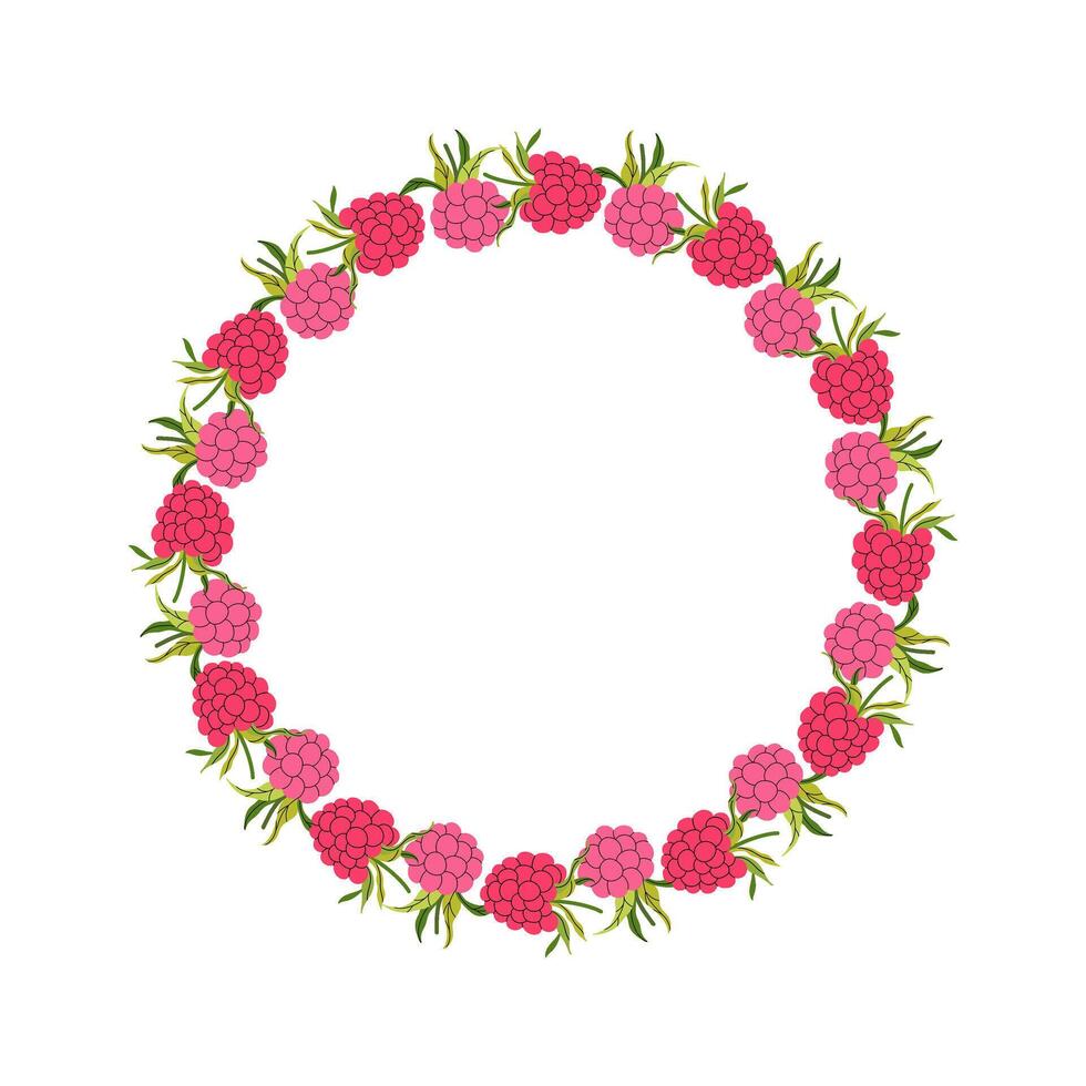 Summer berry wreath with raspberry and foliage. Summer frame of pink berries and leaves. Decoration element for cards and seasonal decor, menu, recipe. flat illustration. vector