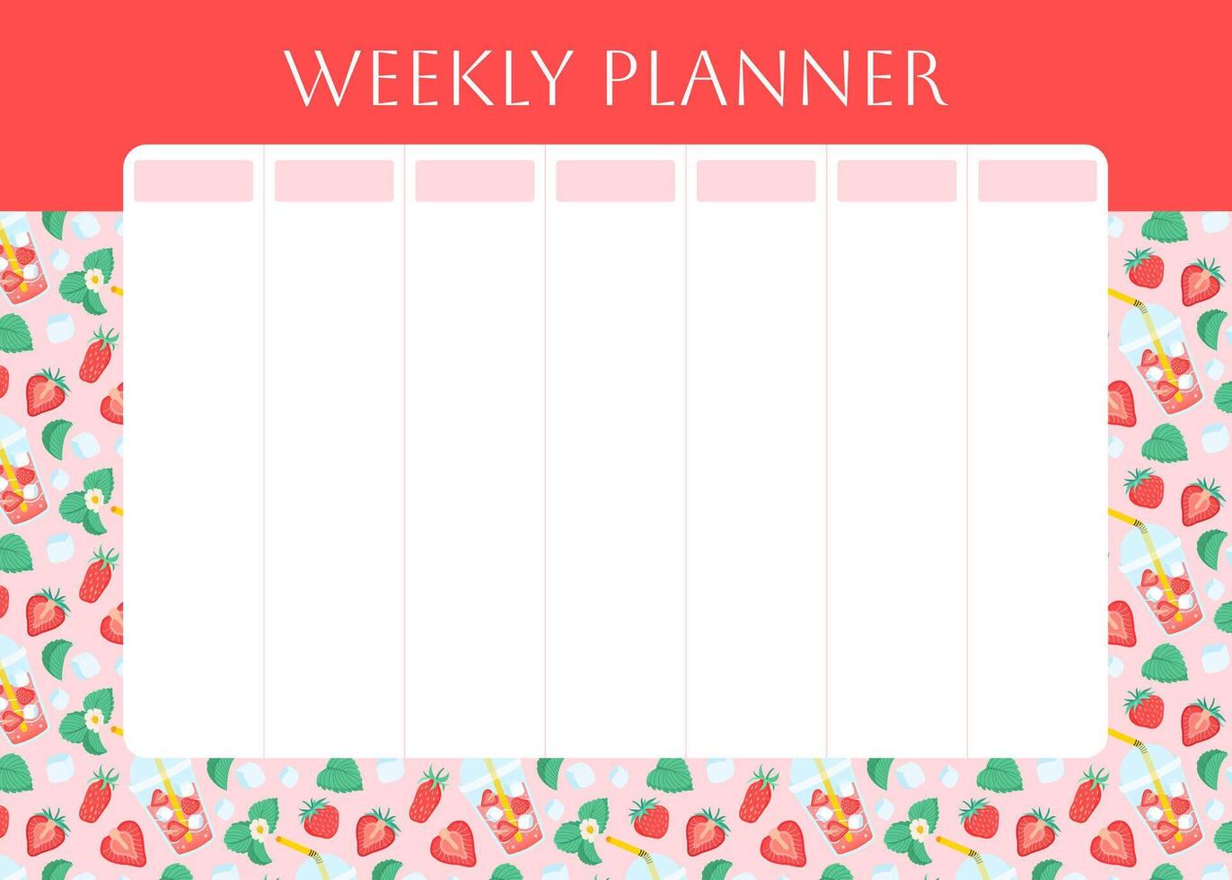 Weekly planner with red strawberry lemonade pattern. Berry, ice cube and foliage on pink background. Lifestyle planner for 7 days. Schedule design template. flat illustration vector