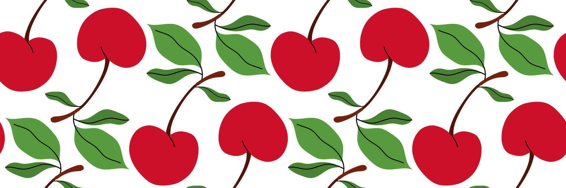 Summer pattern with red cherry and green foliage. Spring garden background. Harvest, farm and agriculture. Perfect for textile, menu, packaging, kitchen design. Flat illustration. vector