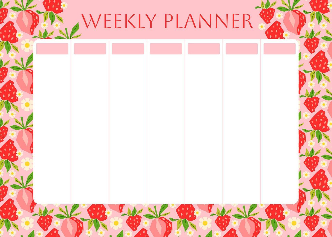 Weekly planner with red strawberry pattern. Low poly strawberries on pink background. Lifestyle planner for 7 days. Schedule design template. flat illustration vector