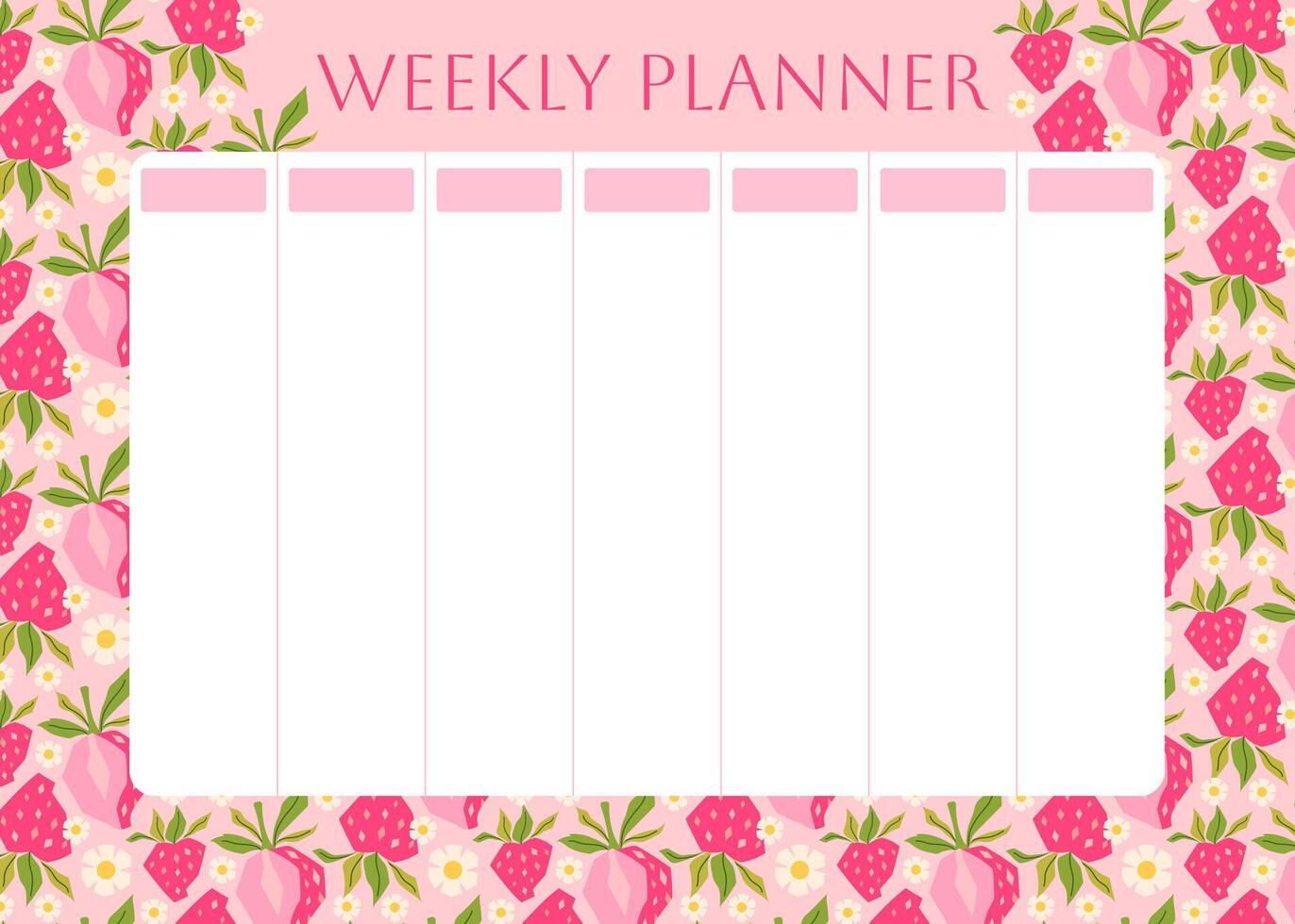 Weekly planner with pink strawberry pattern. Low poly strawberries on pink background. Lifestyle planner for 7 days. Schedule design template. flat illustration vector