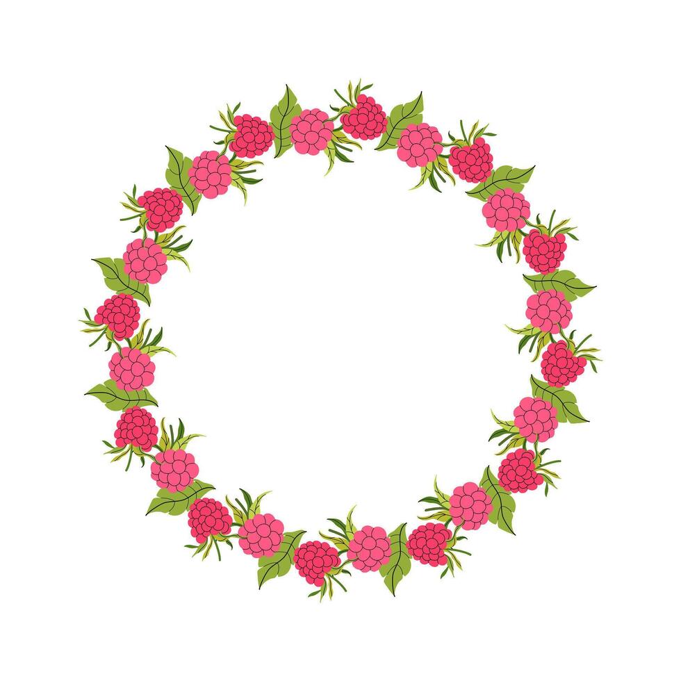 Round floral wreath with raspberry and foliage. Summer frame of pink berries and leaves. Decoration element for cards and seasonal decor, menu, recipe. flat illustration. vector