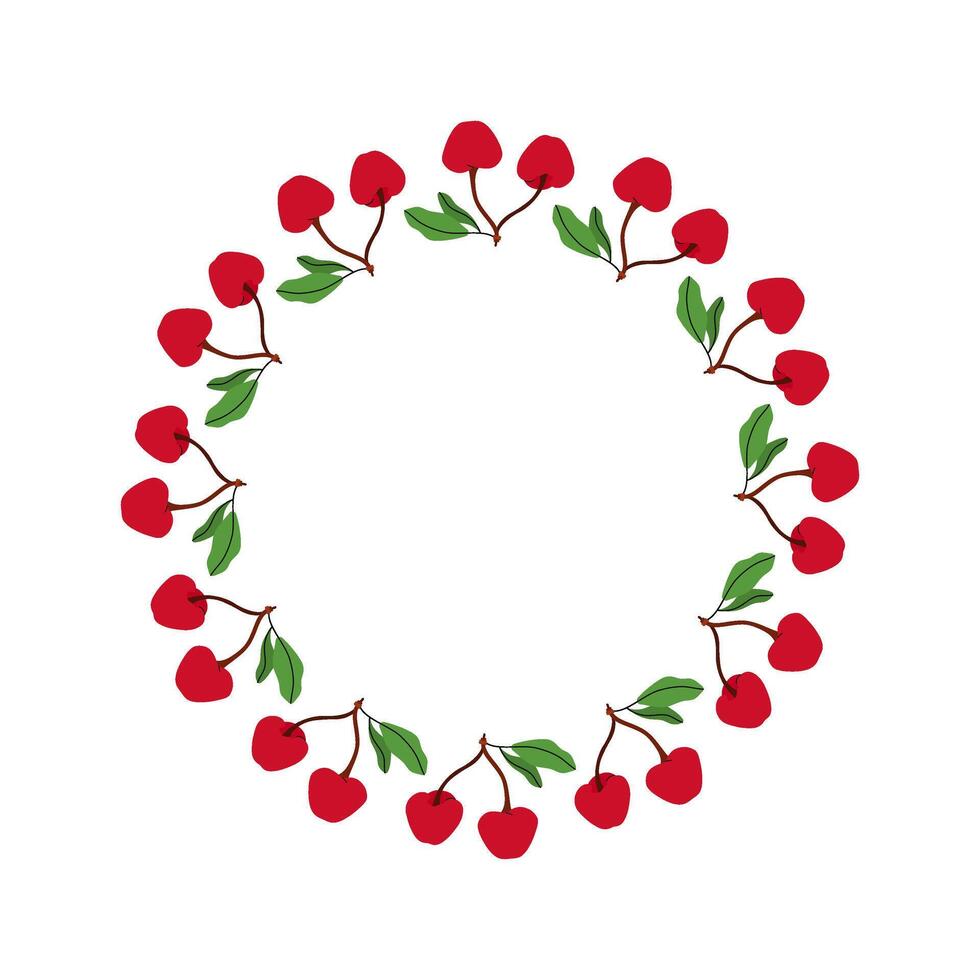 Simple floral wreath with cherry and foliage. Summer frame of berries and leaves on twig. Decoration element for cards and seasonal decor. flat illustration. vector