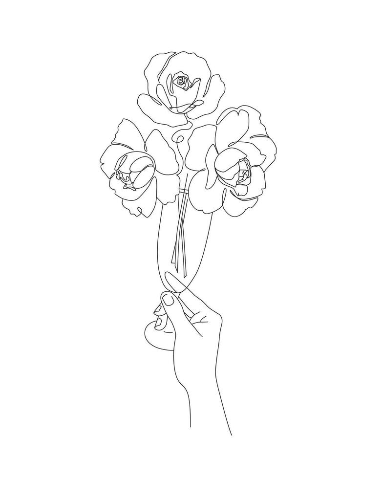Minimalist line art with hand holding a bouquet in wineglass. Glass full of blooming roses outline drawing for poster or card concept vector